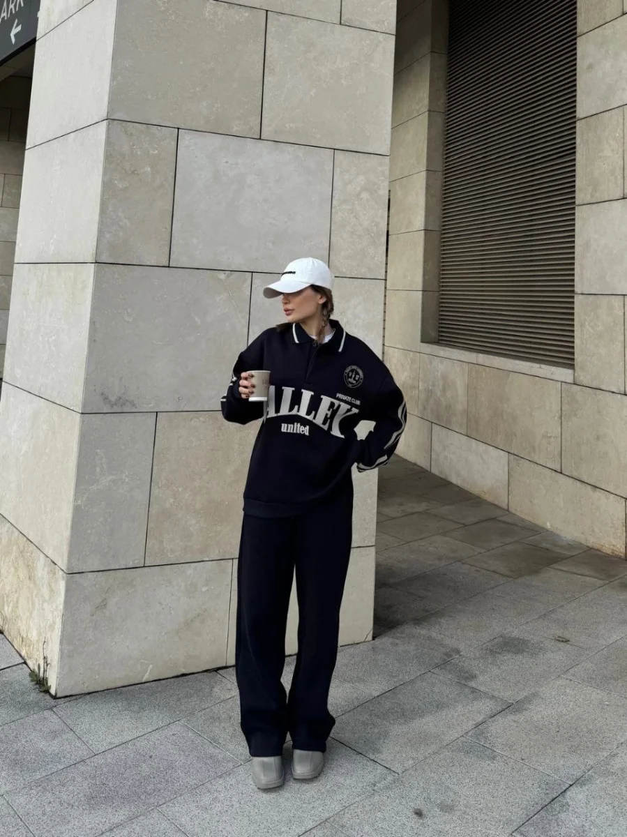 Üç İplik Yakalı Sweat Baggy Pantalonlu Takım - Siyah -