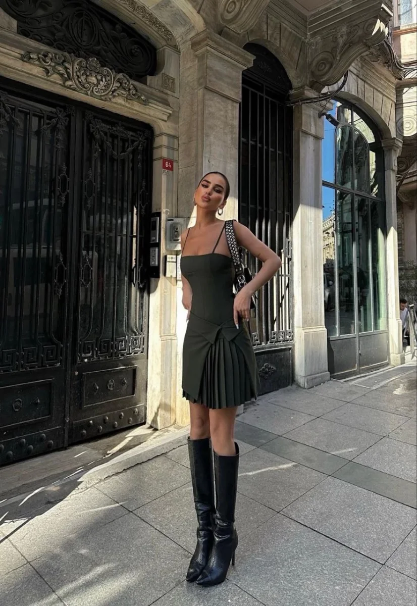 İki Parçalı Pileli Askılı   Mini Elbise - Haki -