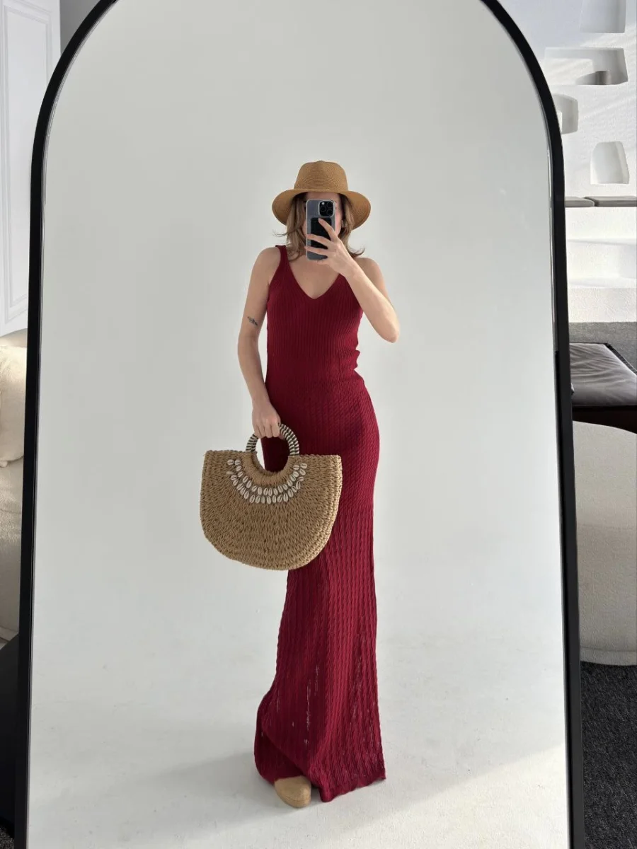 Örgülü Uzun Triko Elbise - Bordo -