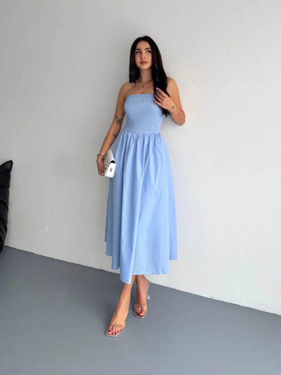 Straplez Pileli Elbise - Açık Mavi -