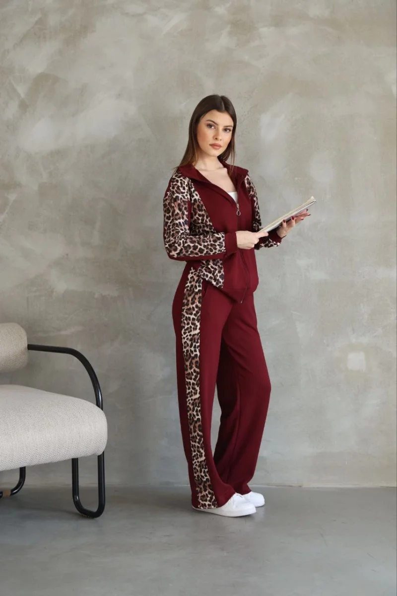 Osy Modal Yumuşak Dokulu Kumaş Kapüşonlu Leopar Desenli Fermuarlı Takım - Bordo -