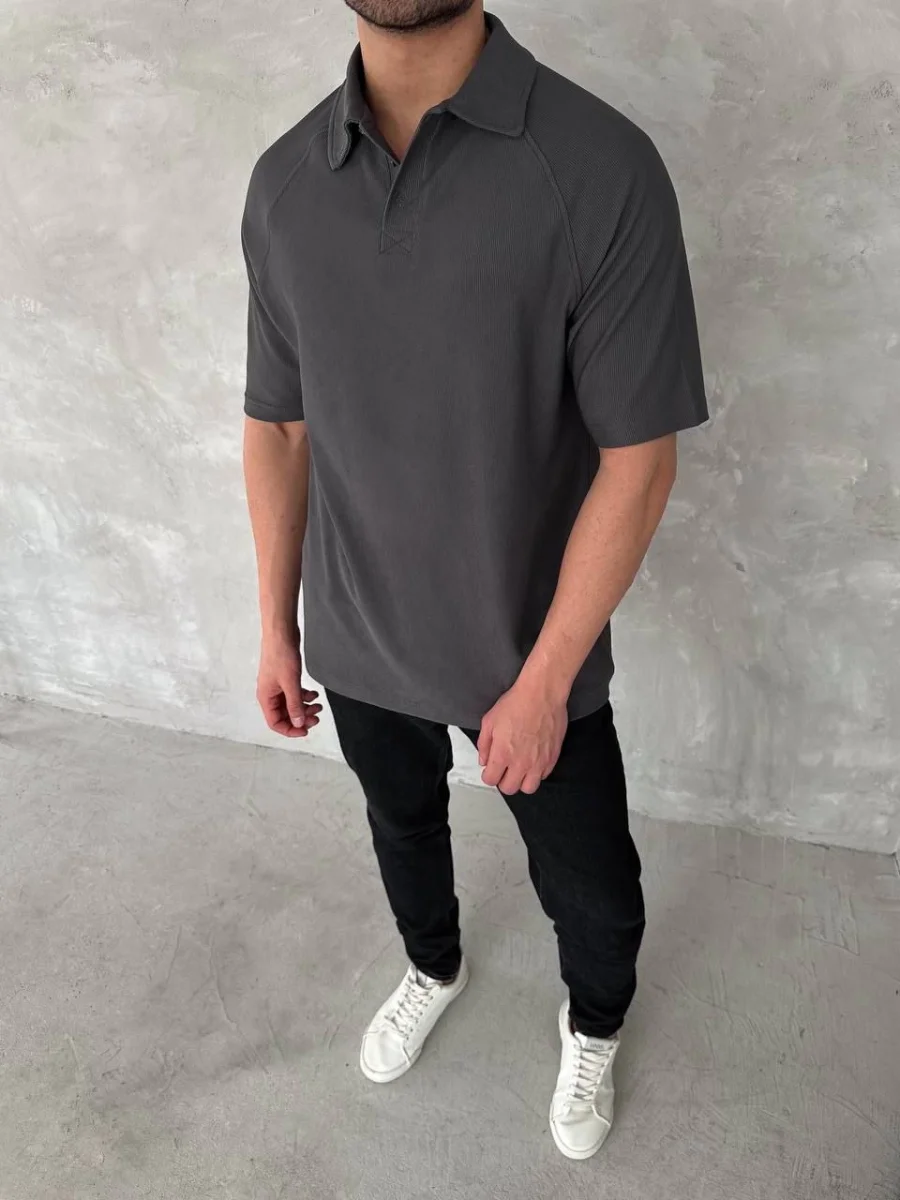 Yakalı Patlı Kısa Kol T-shirt - Antrasit -