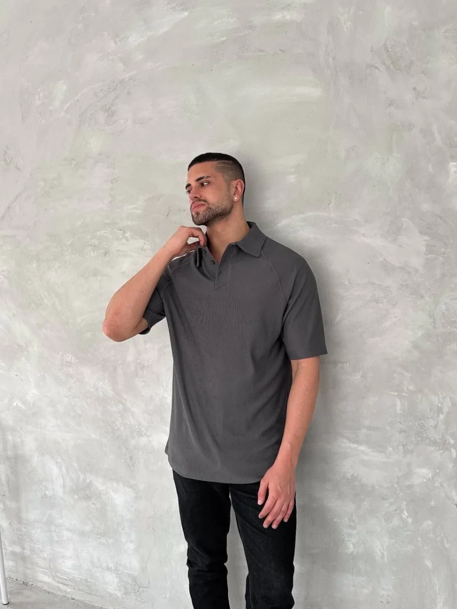 Yakalı Patlı Kısa Kol T-shirt - Antrasit -