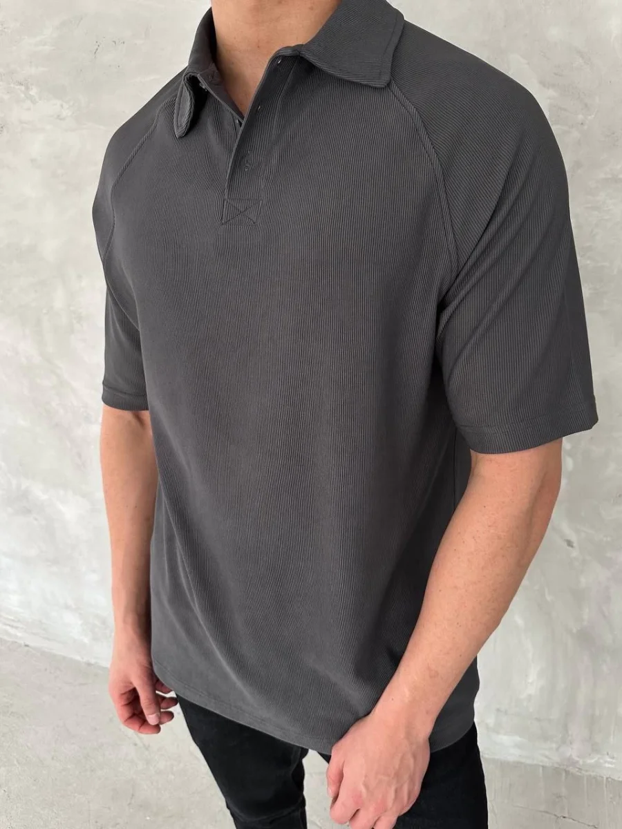 Yakalı Patlı Kısa Kol T-shirt - Antrasit -