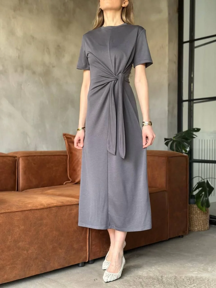 Osy Modal Yumuşak Dokulu Kumaş Yandan Bağlamalı Elbise - Gri -