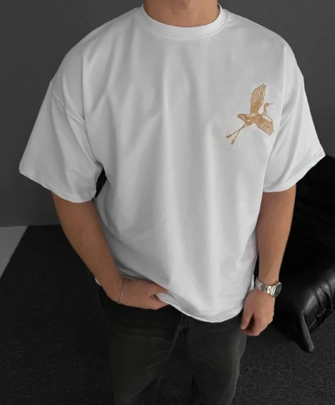 Ön ve Arka Baskılı Oversize Bisiklet Yaka T-shirt - Beyaz -