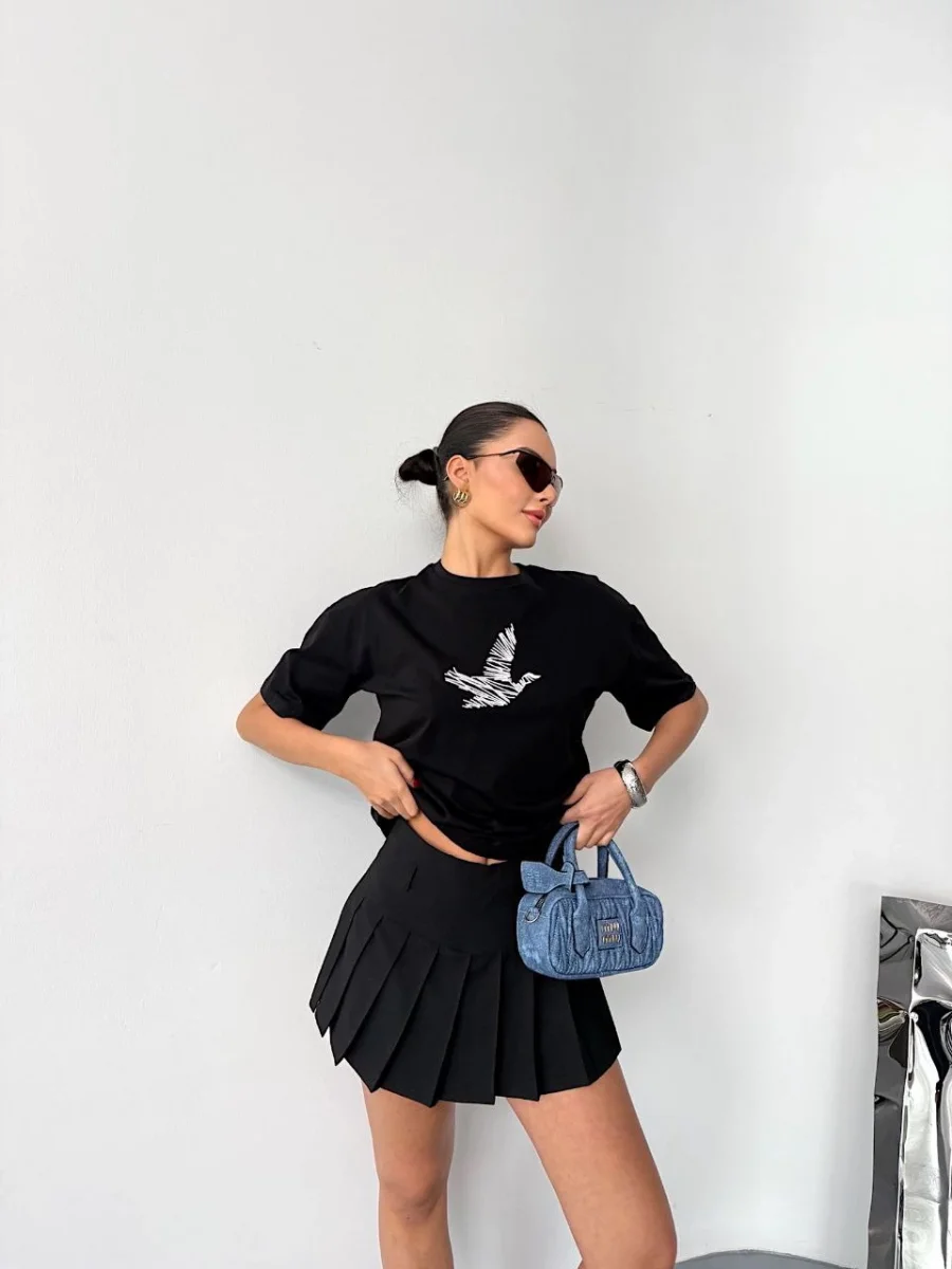 Kısa Kol Baskılı T-shirt - Siyah -