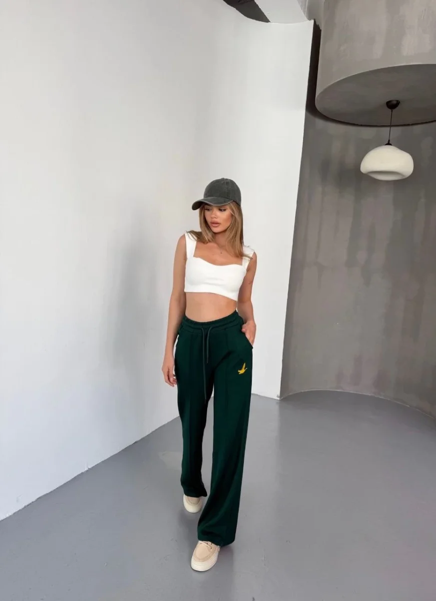 Osy Modal Yumuşak Dokulu Kumaş Nakış işlemeli Rahat Bol Paça Eşofman Pantalon - Yeşil -