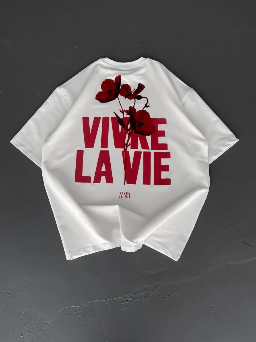 Baskılı Oversize Bisiklet Yaka T-shirt - Beyaz -