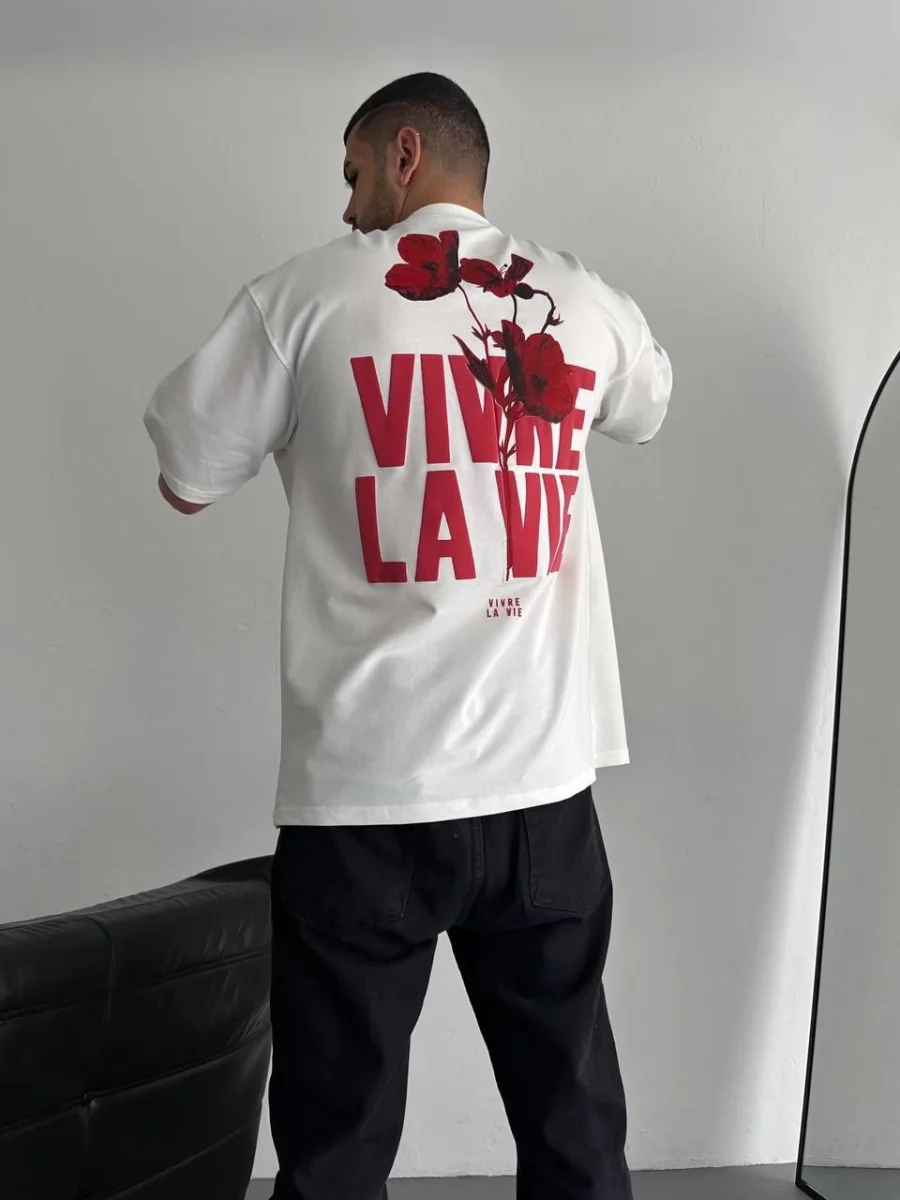 Baskılı Oversize Bisiklet Yaka T-shirt - Beyaz -