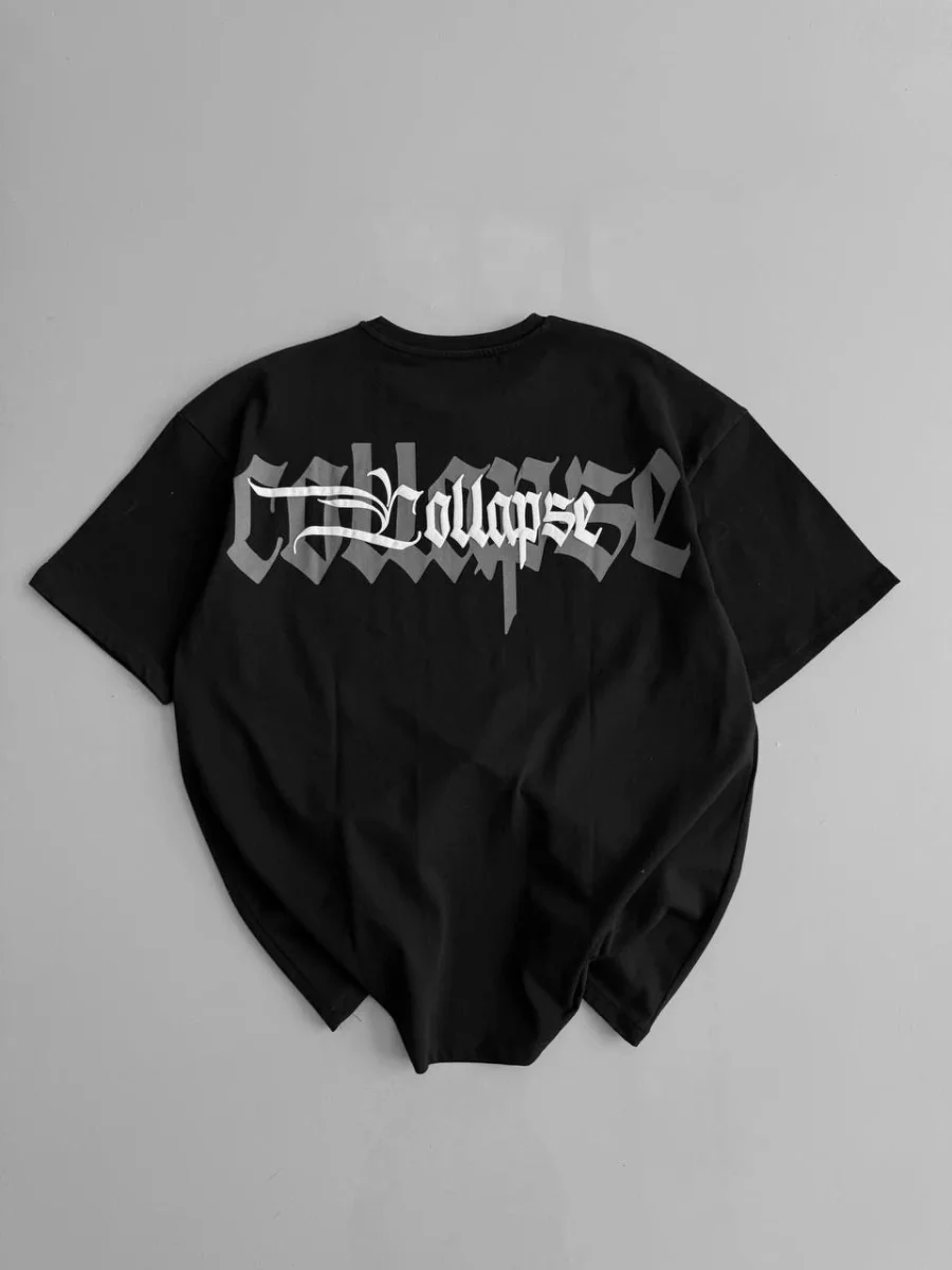 20/1 Penye Compack   Baskılı Oversize Bisiklet Yaka Kısa Kol Yazlık T-shirt - Siyah -