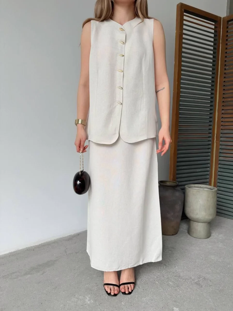 Keten Kolsuz Sıfır Yaka İlik Düğmeli Kolsuz Hırka Etek ikili Takım- Beyaz -