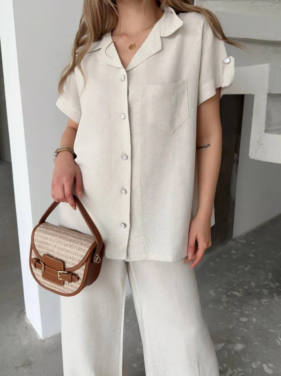 Keten Kısa Kollu Cepli Gömlek Pantolon ikili Takım - Beyaz -