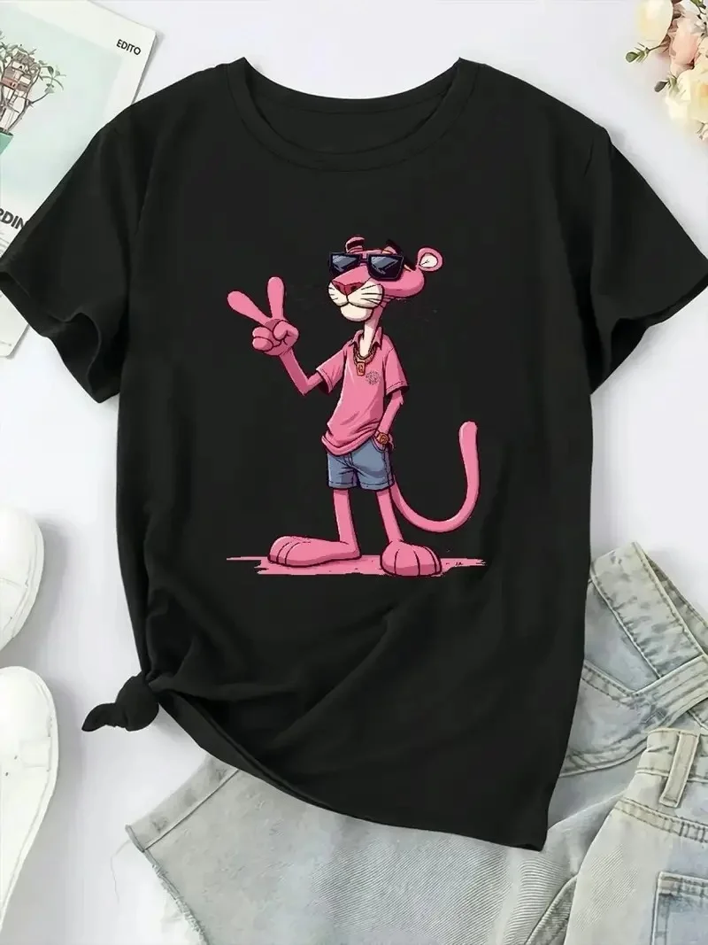 20/1 Penye Compack Pembe Panter Baskılı Oversize Bisiklet Yaka Kısa Kol Yazlık T-shirt - Beyaz -