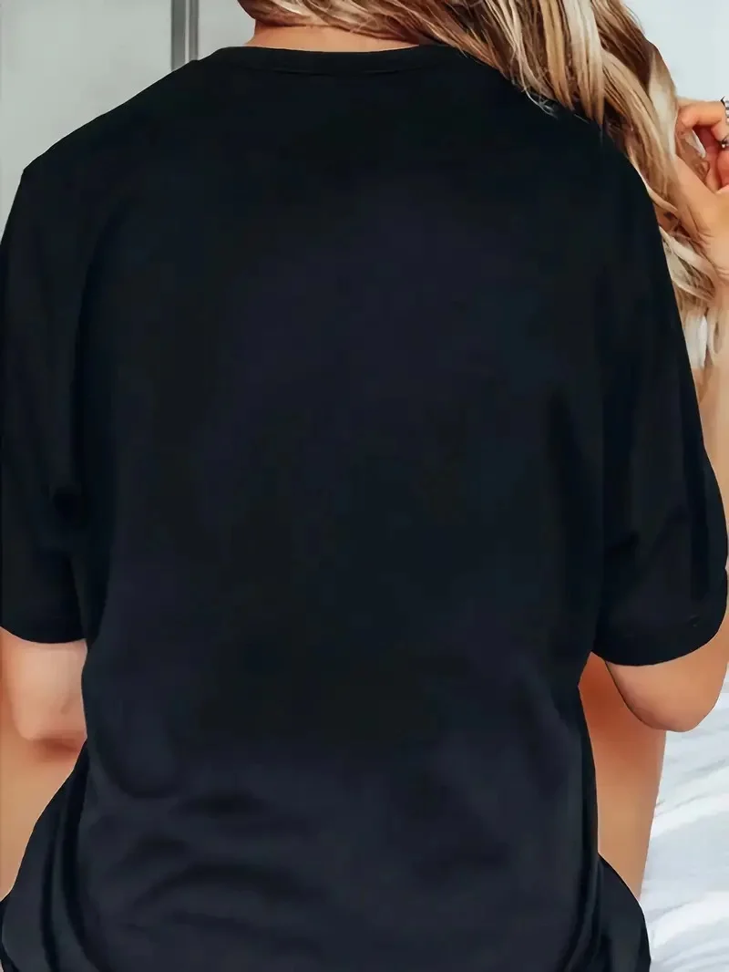 20/1 Penye Compack Baskılı Oversize Bisiklet Yaka Kısa Kol T-shirt - Siyah -