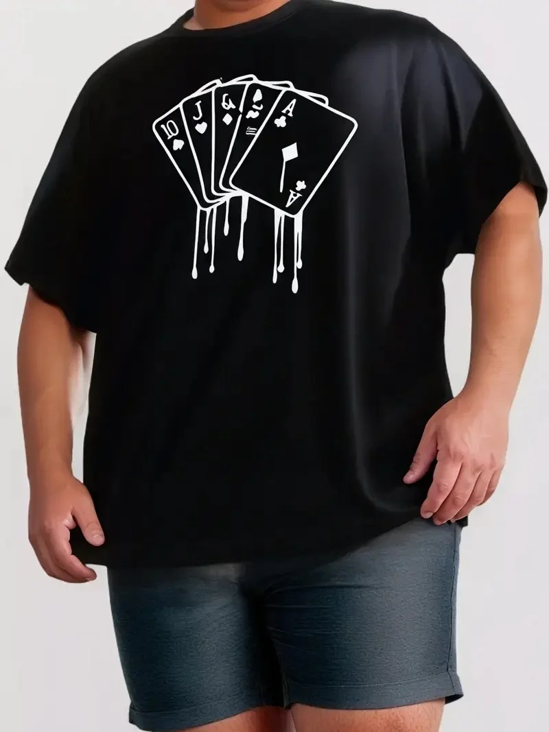 büyük beden Kart baskılı düz renk kısa kollu bisiklet yaka tişört gündelik giyim - Siyah -