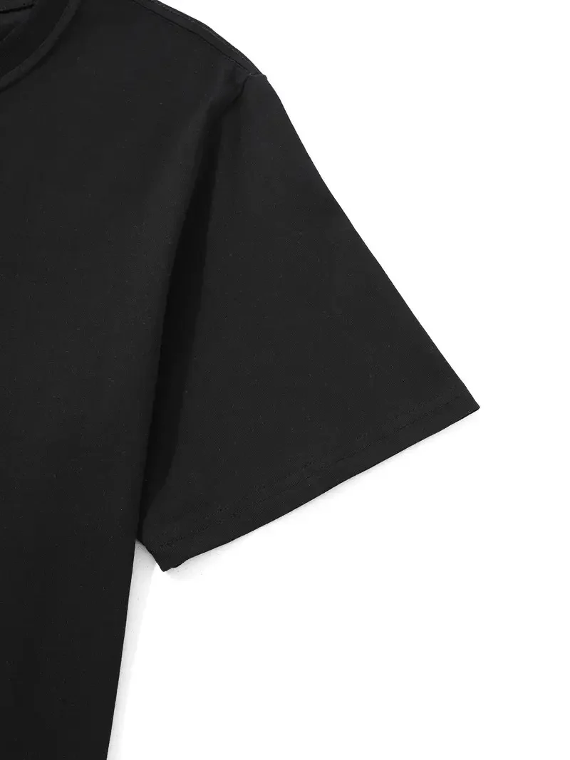 20/1 Penye Compack Palmiye Ön Baskılı Oversize Bisiklet Yaka Kısa Kol Yazlık T-shirt - Siyah -