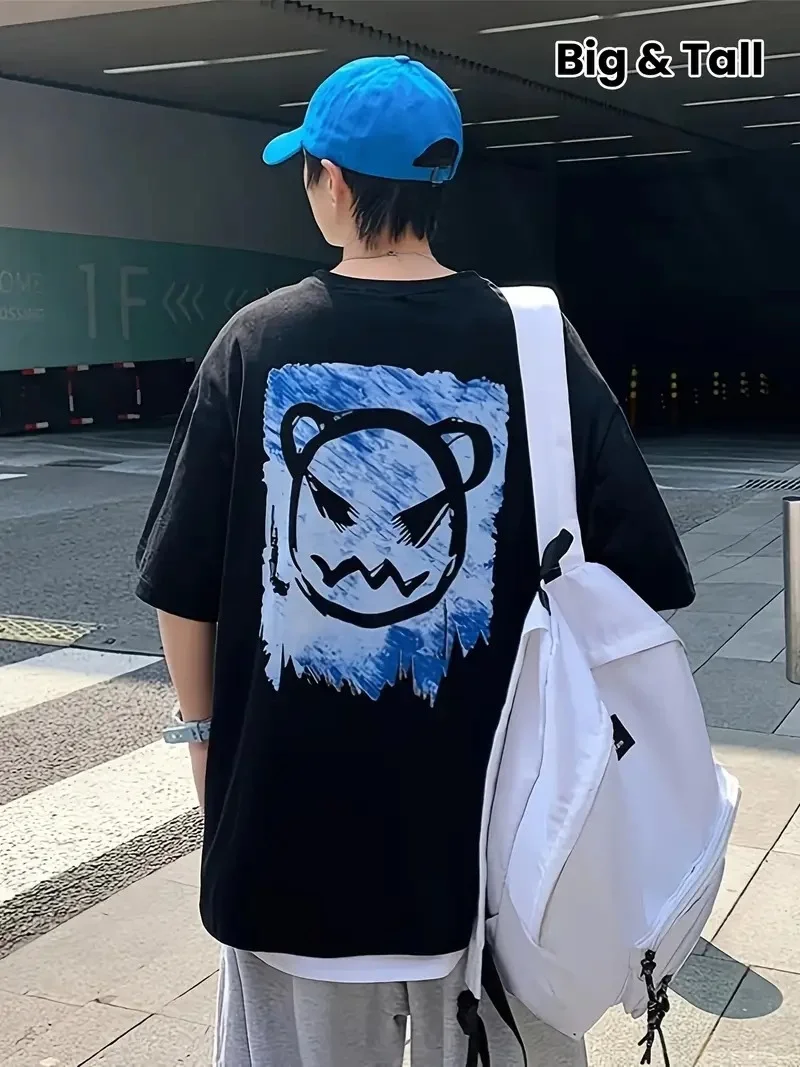 20/1 Penye Compack Bisiklet Yaka Kore tarzı sevimli ayı baskı Kısa Kol   t-shirt - Siyah -