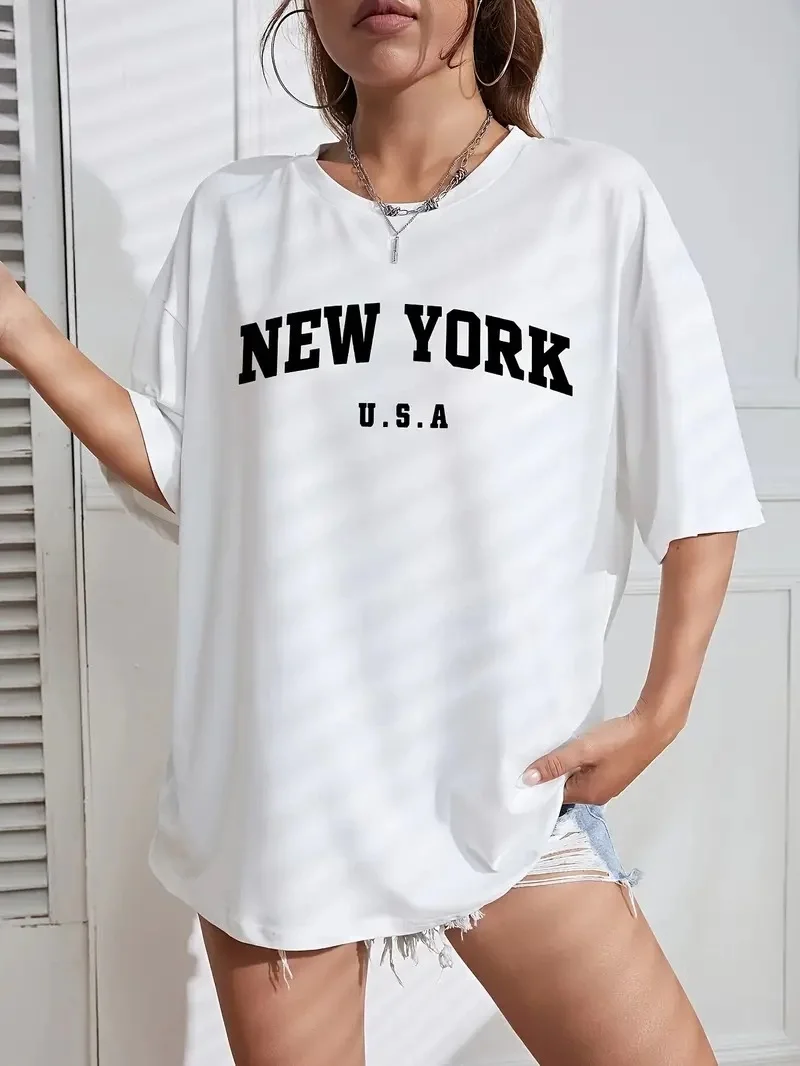20/1 Penye CompackNew York Baskılı Oversize Kısa Kol Bisiklet Yaka T-shirt - Beyaz -
