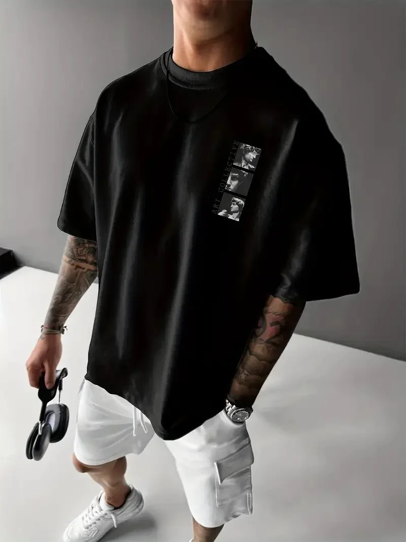 Benzersiz Sırt Baskılı   Sokak Stili Bol Tişört -Siyah -