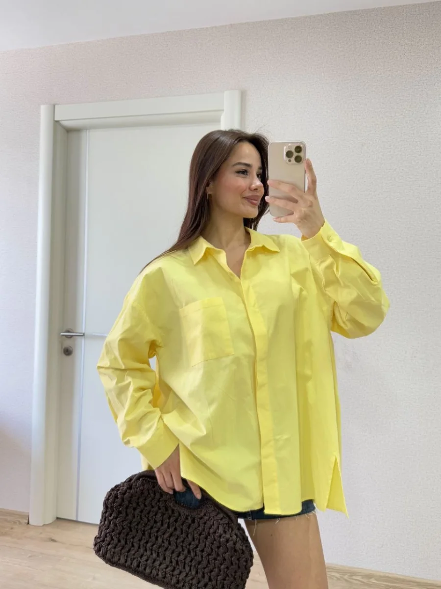 Poplin   Yakalı Yandan Yırtmaçlı Arka Pens Detaylı Gömlek - Sarı -