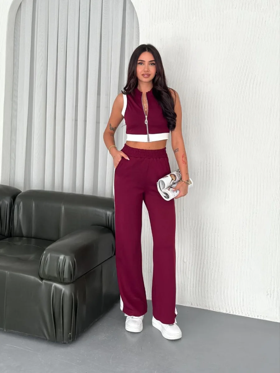 Osy Modal Yumuşak Dokulu Kumaş Tam Fermuarlı Crop Pantalon İkili Takım - Bordo -