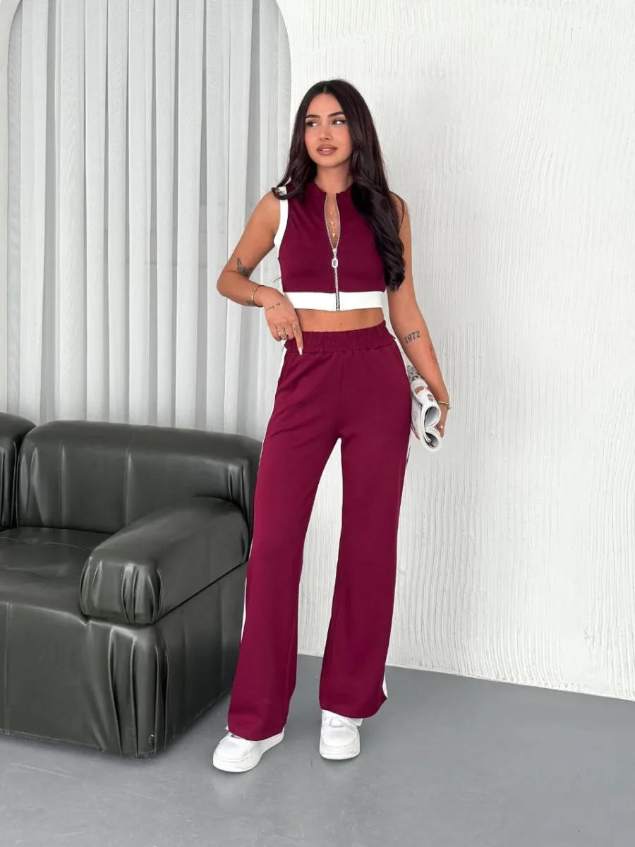 Osy Modal Yumuşak Dokulu Kumaş Tam Fermuarlı Crop Pantalon İkili Takım - Bordo -
