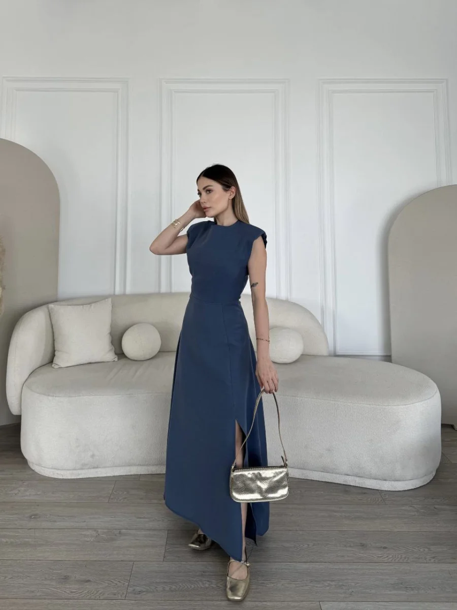 Keten Yandan Yırtmaçlı Uzun Elbise Sıfır Kol Elbise - Mavi -