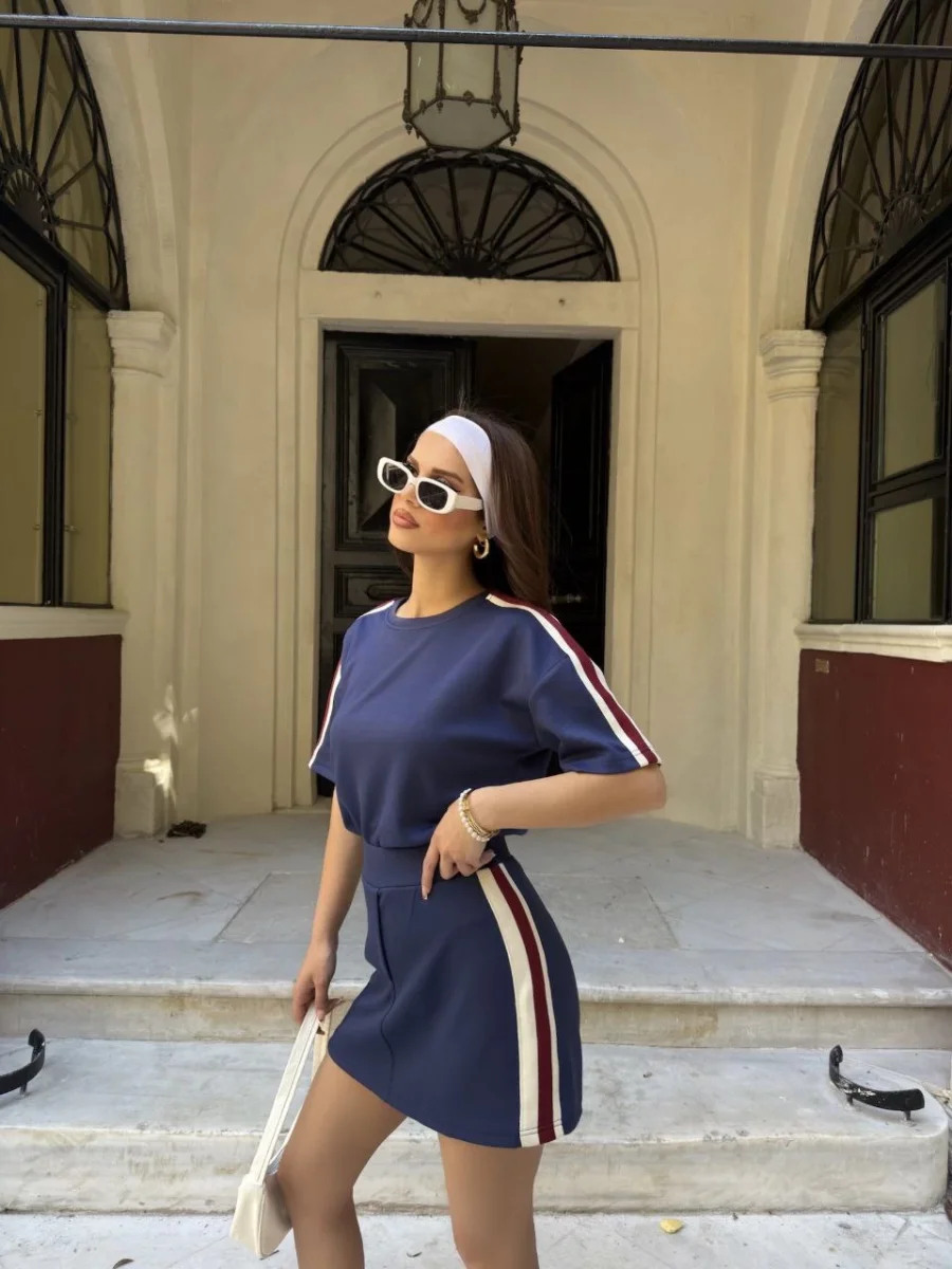 Osy Modal T-shirt Mini Şortlu Etek İkili Takım -Lacivert -