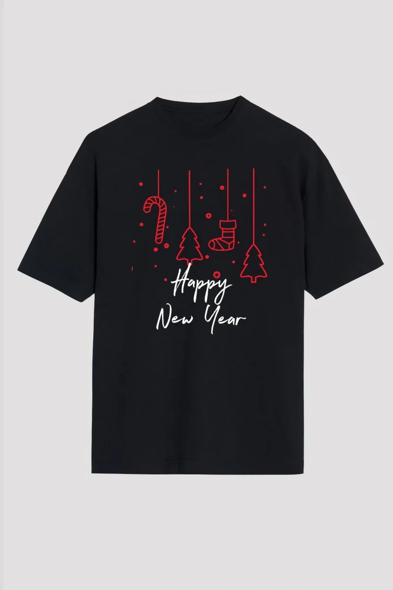 Happy New Year Baskılı T-shirt - Siyah -
