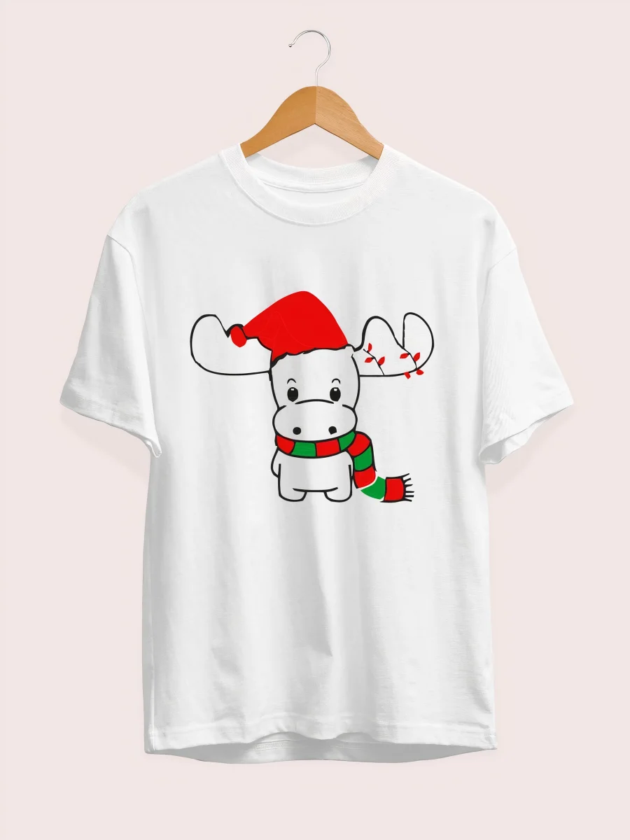Ren Geyiği baskılı Noel İçin T-shirt - Beyaz -