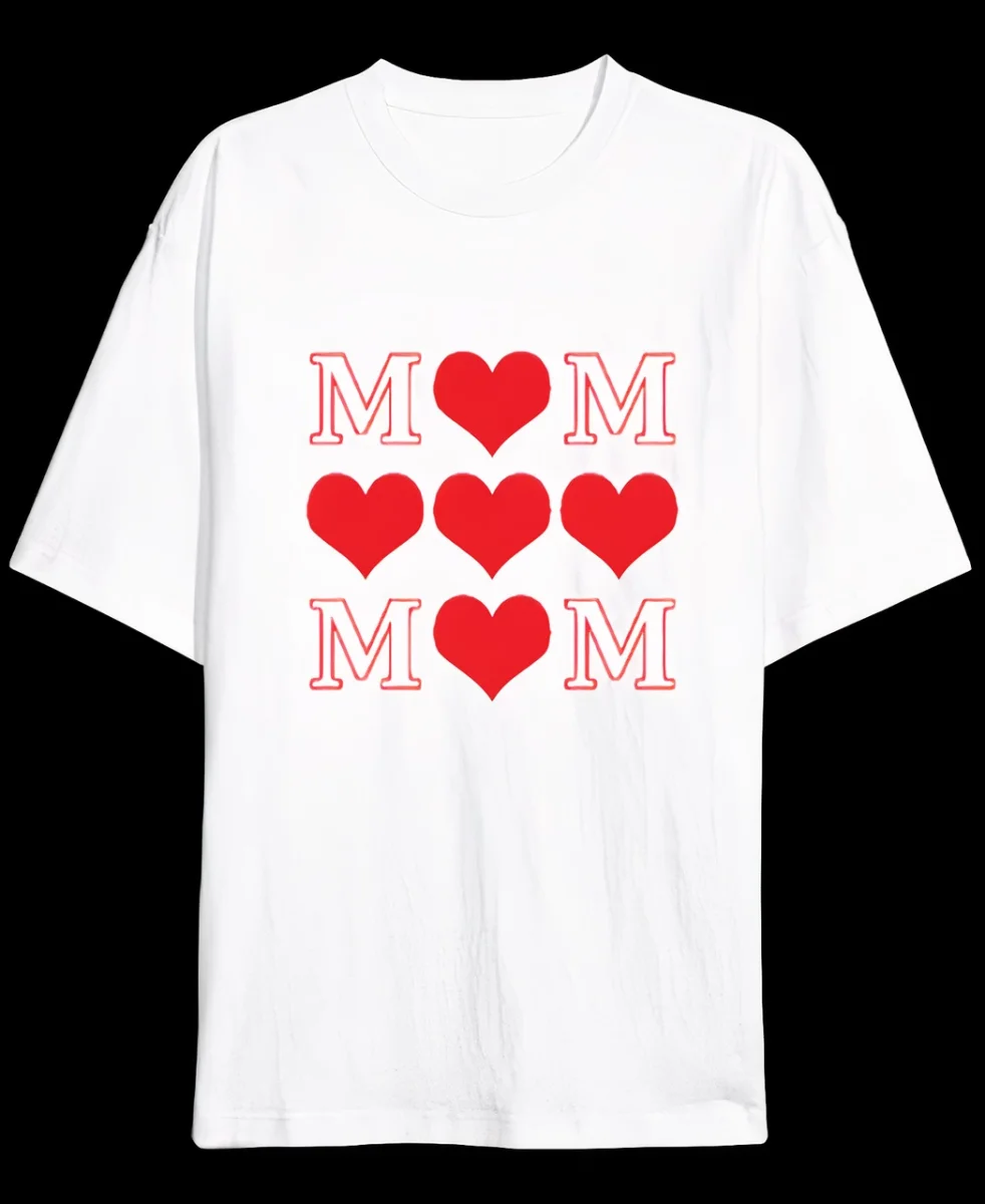 Anneler Gününe Özel Tasarım MOM Kalp Baskılı T-shirt - Beyaz -