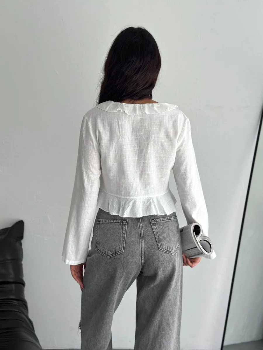 Keten Uzun Kol Bağacık Detaylı Bluz - Beyaz -