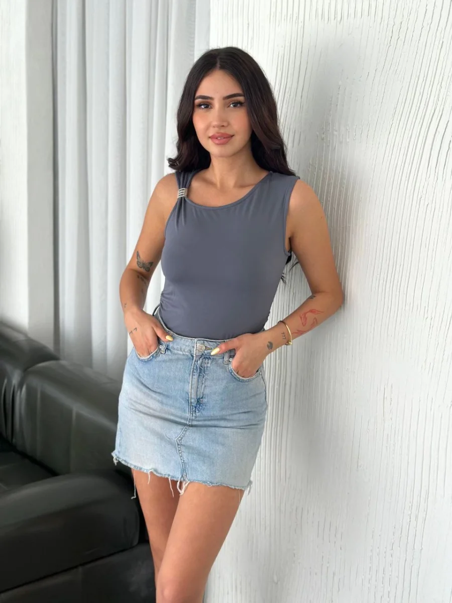 Osy Modal Yumuşak Dokulu Kumaş Bluz Aksesuar Detaylı - Antrasit -