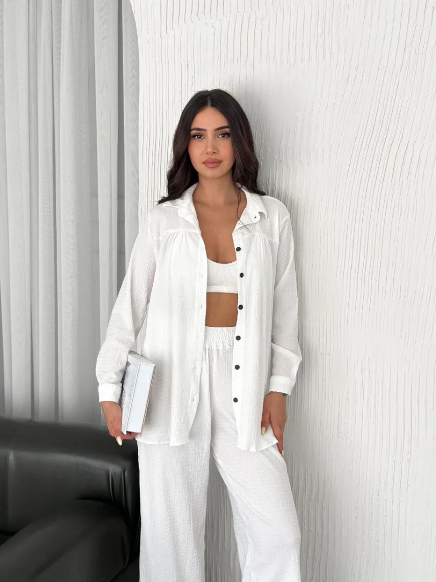 Yakalı Düğmeli Uzun Kollu Gömlek Pantolon ikili Takım - Beyaz -