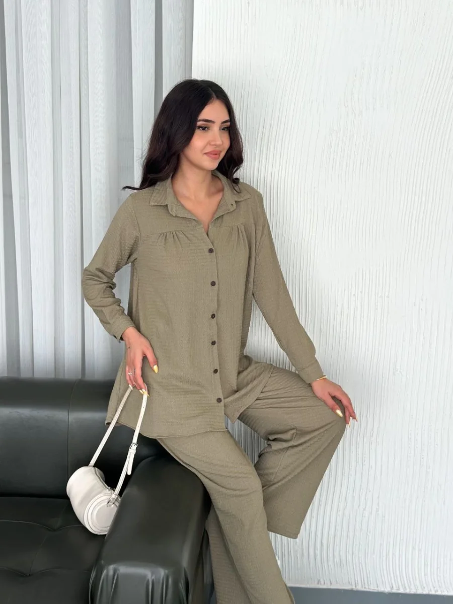 Yakalı Düğmeli Uzun Kollu Gömlek Pantolon ikili Takım - Bej -