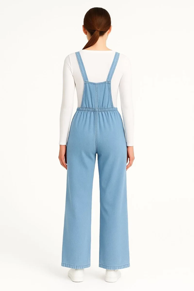 Chambray Açık Mavi Denim Görünümlü Geniş Paça Salopet Tulum - Mavi -
