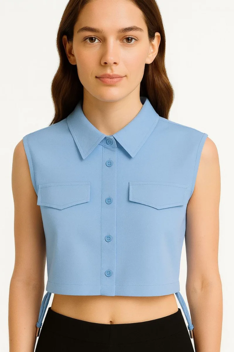 Crop Poplin Gömlek Yalancı Cepli, Ayarlanabilir Yan Kordonlu, - Bebe Mavisi -