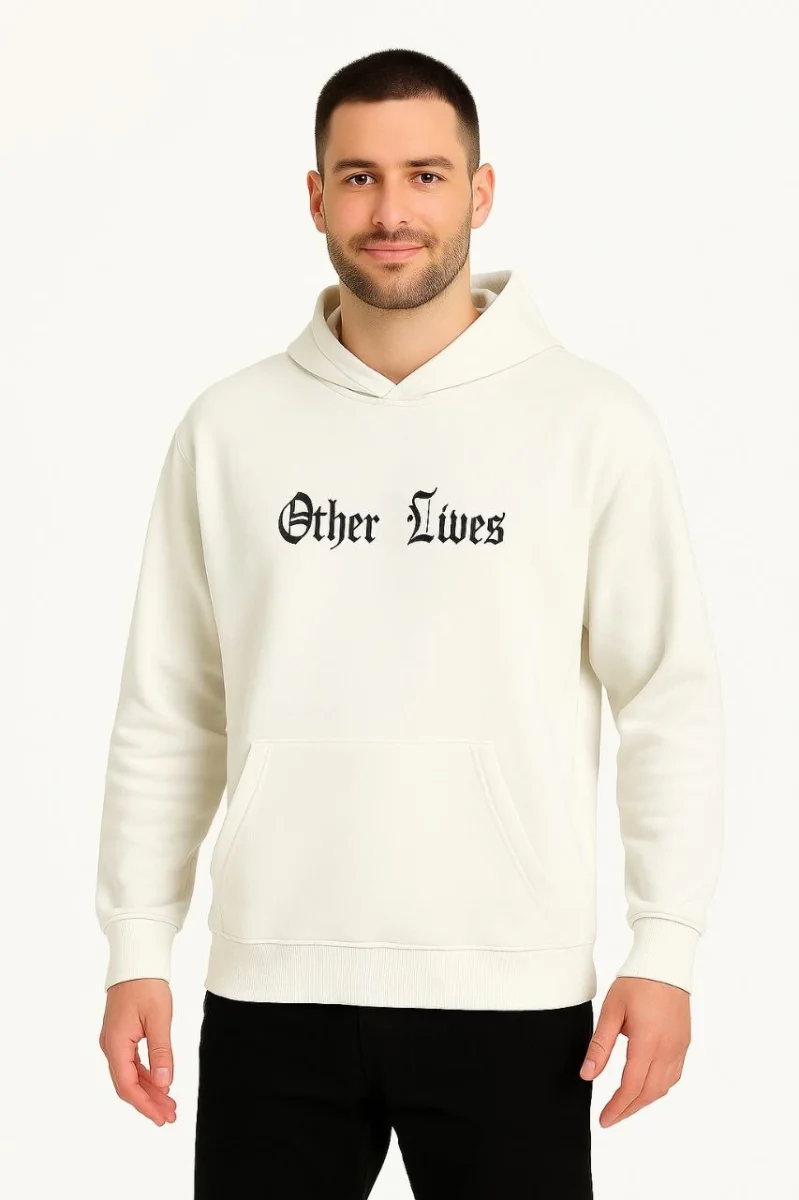 Kapşonlu Sweatshirt – Oversize “Other Lives” Ön  Arka Baskılı- Beyaz -