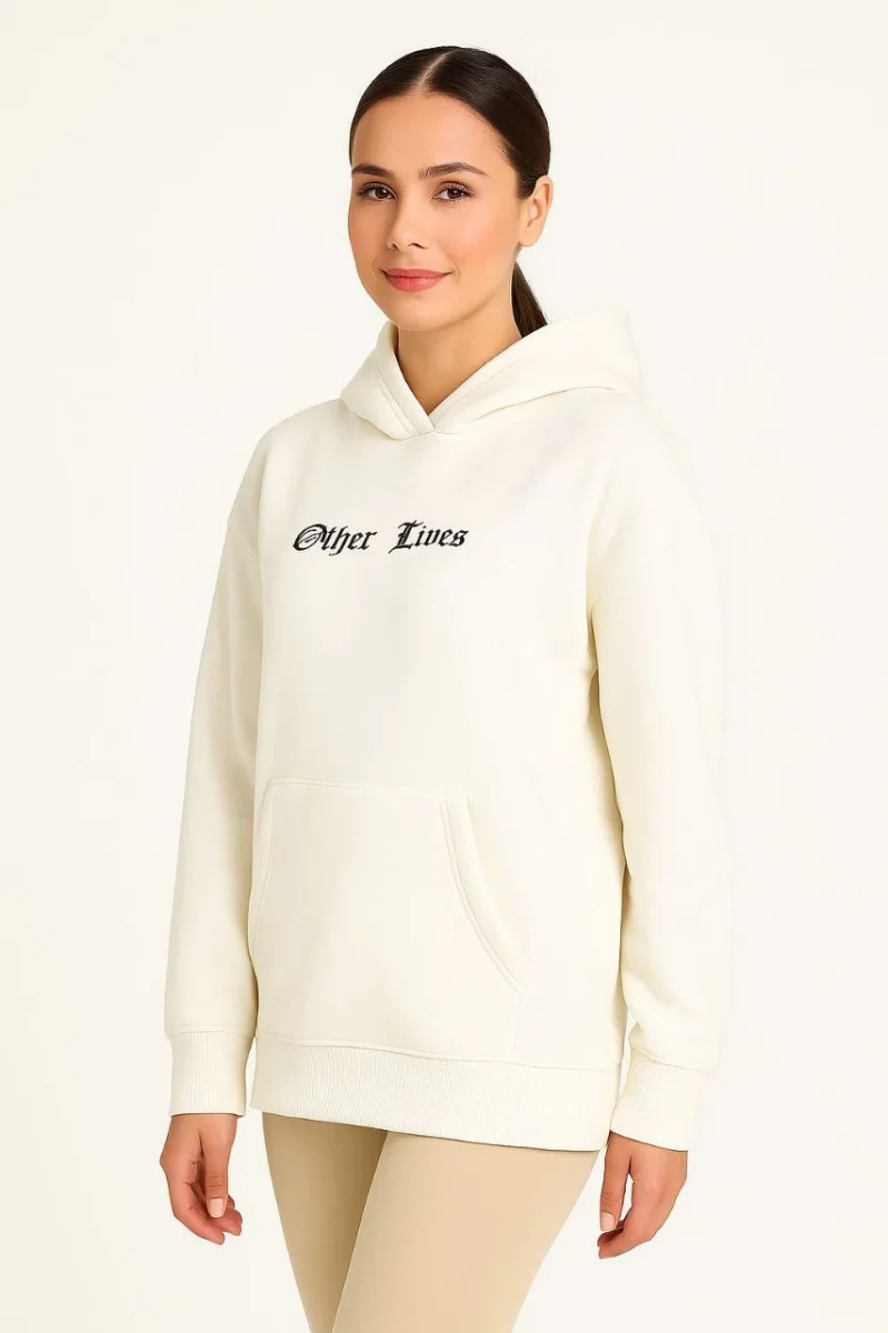Kapşonlu Sweatshirt – Oversize “Other Lives” Ön  Arka Baskıl Beyaz -