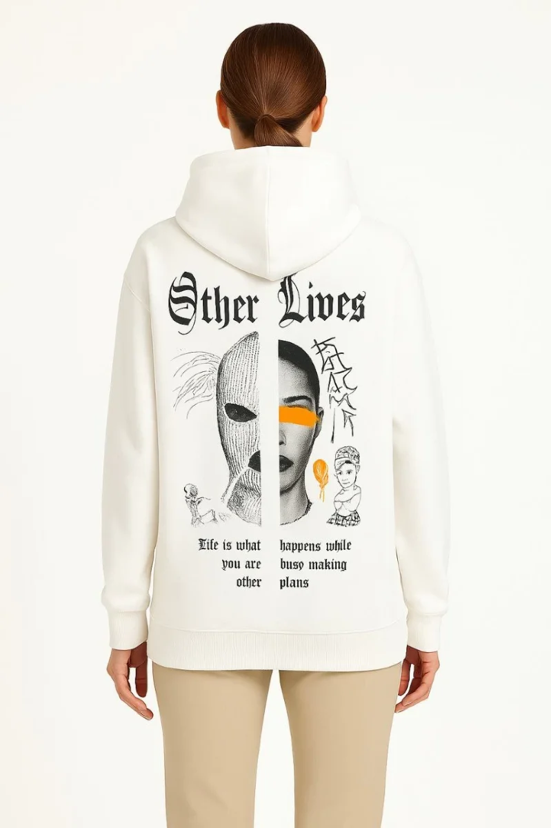 Kapşonlu Sweatshirt – Oversize “Other Lives” Ön  Arka Baskıl Beyaz -