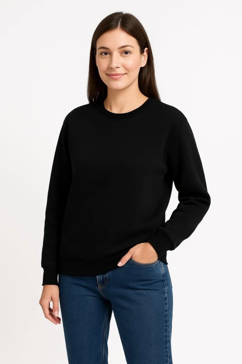 Üç İplik Düz Bisiklet Yaka SweatShirt - Siyah -