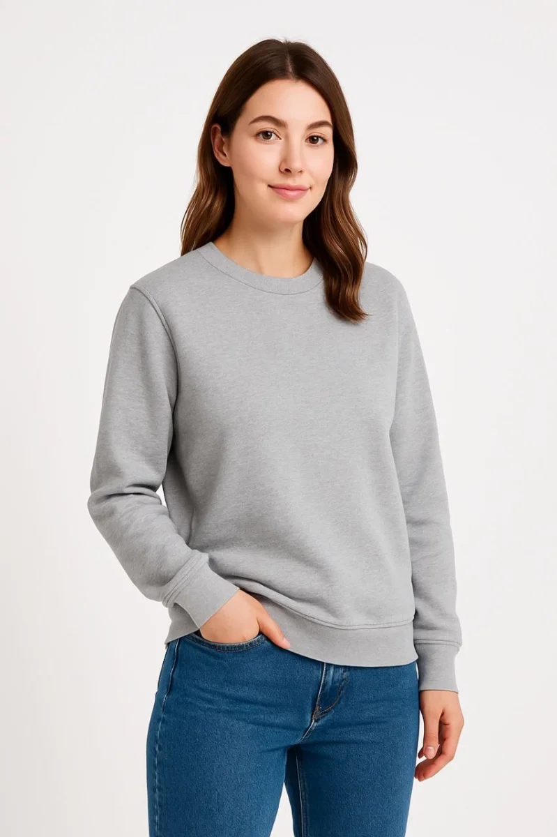 Üç İplik Düz Bisiklet Yaka SweatShirt - Gri -
