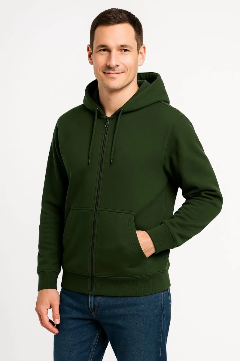 Üç İplik Kapüşonlu Tam Fermuarlı Kanguru Cepli Sweatshirt Hoodie - Haki -