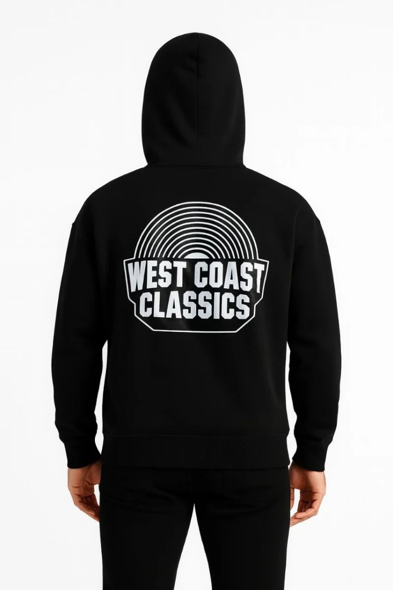 Kapşonlu Sweatshirt – “West Coast Classics” Ön  Arka Baskılı,- Siyah -