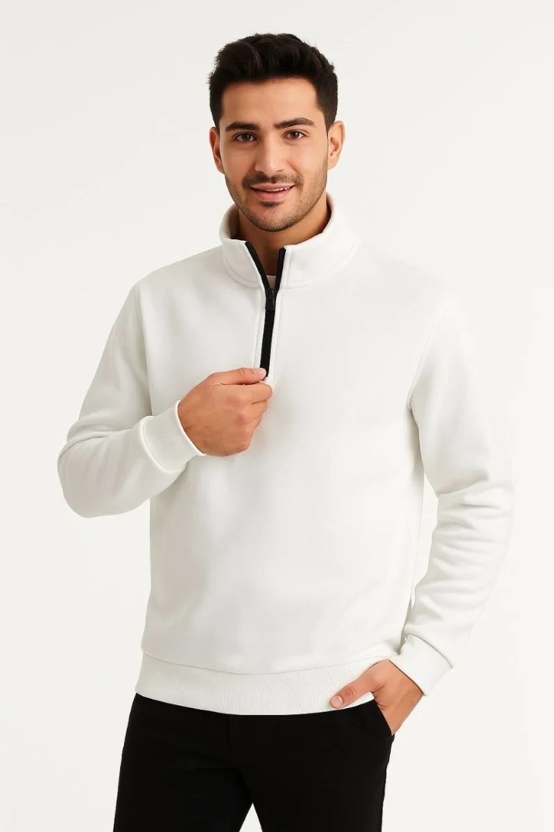 Dik Yaka Sweatshirt Dik Yaka Yarım Fermuarlı 3 İplik Şardonlu Pamuk Kumaş - Beyaz -