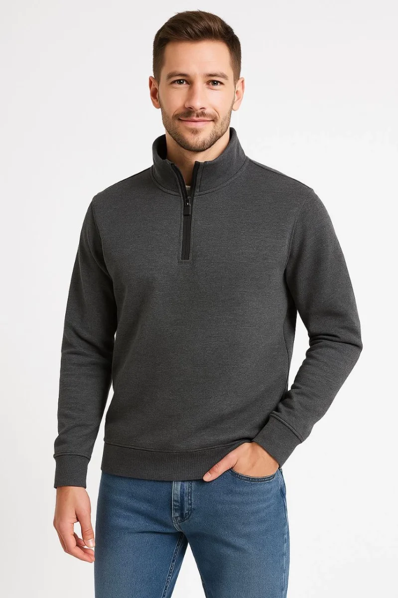 Dik Yaka Sweatshirt Dik Yaka Yarım Fermuarlı 3 İplik Şardonlu Pamuk Kumaş - Antrasit -