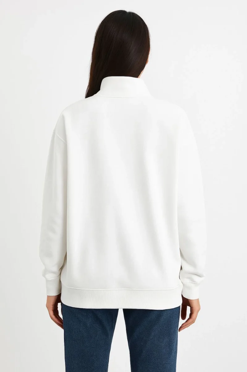 Üç İplik Dık Yaka Yarım Fermuarlı SweatShirt - Beyaz -