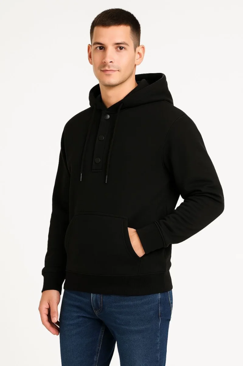 Ovarsize Kapüşonlu  sweatshirt Kanguru Çepli Cıtcıtlı 3 iplik Şardonlu Hoodie - Siyah -