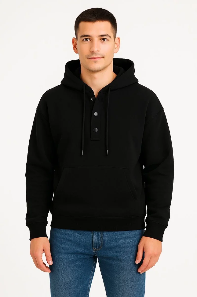 Ovarsize Kapüşonlu  sweatshirt Kanguru Çepli Cıtcıtlı 3 iplik Şardonlu Hoodie - Siyah -